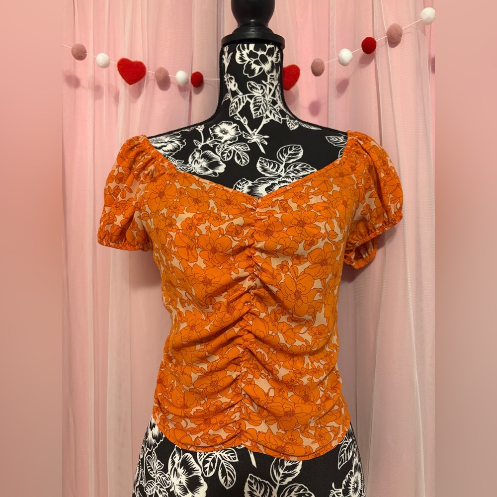 Sienna Sky Orange Floral Ruched Puff Sleeve Top
